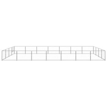 Ein großes, rechteckiges Metall-Hundespielgehege mit einem Gitterdesign und mehreren Zugangstoren, geeignet für den Außenbereich.