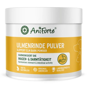 Behälter mit AniForte Ulmenrinde Pulver (Slippery Elm Bark Powder) mit einem gelben Etikett, das besagt, dass es die Magen- und Darmaktivität harmonisiert.