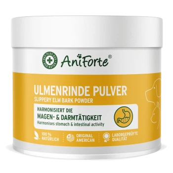 Behälter mit AniForte Ulmenrinde Pulver (Slippery Elm Bark Powder) mit einem gelben Etikett, das besagt, dass es die Magen- und Darmaktivität harmonisiert.