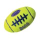 Helles gelbes Plüschhundespielzeug in Form eines Fußballs, mit blauen Nähten und dem Text "SQUEAKER" in lila.