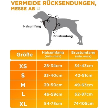 Infografik, die einen Maßleitfaden für Hundegeschirre zeigt, mit beschrifteten Bereichen für Hals- und Brustumfang sowie einer Größentabelle in cm.