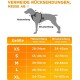 Infografik, die einen Maßleitfaden für Hundegeschirre zeigt, mit beschrifteten Bereichen für Hals- und Brustumfang sowie einer Größentabelle in cm.