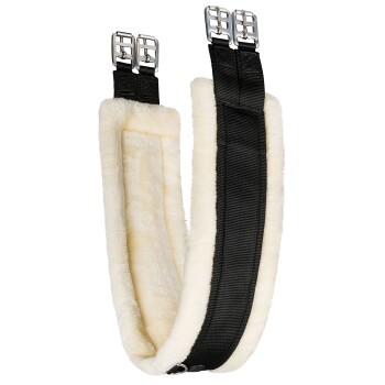 Schwarzes und cremefarbenes Haustiergeschirr mit weichem Fleece-Futter und Metallclips für eine sichere Befestigung.