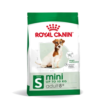 Royal Canin Mini-Hundefutterbeutel für Hunde bis 10 kg, geeignet für Erwachsene ab 8 Jahren, mit Fokus auf Gewichtserhaltung und Vitalität.