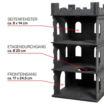 Grauer Filz-Katzenturm mit drei Ebenen, mit Seitenfenstern, einem vorderen Eingang und einem kreisförmigen Durchgang, mit Abmessungen auf Deutsch beschriftet.