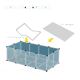 Transparente Haustierumzäunung mit beschrifteten Merkmalen: "Mit Pinkelmatte" und "Mit Vorleger", auf einem blauen Hintergrund.