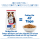Hill's Science Plan 14-kg-Hundefutterbeutel und Schüssel mit Kroketten mit deutschem Text „Ein Beutel – Viele Köstliche Mahlzeiten“ und „Futter für 47 Tage“.