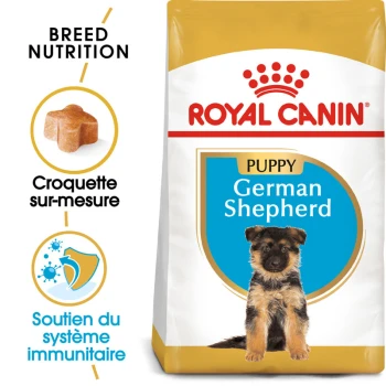 Nourriture pour chiots Royal Canin pour Bergers Allemands, avec une image de chiot, mettant en avant la nutrition de la race et le soutien immunitaire.