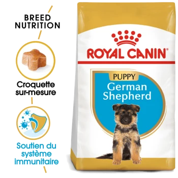 Nourriture pour chiots Royal Canin pour Bergers Allemands, avec une image de chiot, mettant en avant la nutrition de la race et le soutien immunitaire.