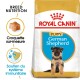 Nourriture pour chiots Royal Canin pour Bergers Allemands, avec une image de chiot, mettant en avant la nutrition de la race et le soutien immunitaire.