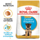 Nourriture pour chiots Royal Canin pour Bergers Allemands, avec une image de chiot, mettant en avant la nutrition de la race et le soutien immunitaire.