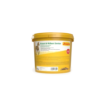 Josera Kraut & Rüben Senior Pferdefutter, getreidefrei, 2 kg gelber Behälter mit Giraffenbild und Produktdetails.