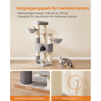 Grauer mehrstöckiger Kratzbaum mit Sisalstämmen und zwei Katzen; sichtbare Texte: „Vergnügungspark für mehrere Katzen“, „Verstärkte Bodenplatte“, „Kippschutz“, „3 cm“.
