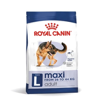 SHN Maxi Adult 4 kg Torba karmy dla psów Royal Canin dla dorosłych dużych ras (26-44 kg), z owczarkiem niemieckim, promująca zdrowie trawienne i optymalne zdrowie.