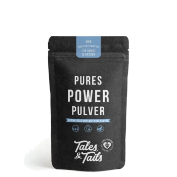 Schwarze Verpackung des Tales & Tails Pure Power Powder MSM Ergänzungsmittels für Hunde und Katzen mit blauem und weißem Text.