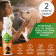 Frau mit einem Golden Retriever und einer Baviette-Sprayflasche mit der Aufschrift 'Zahnreiniger für Hunde' und der Dosierungsangabe '2 zweimal täglich'