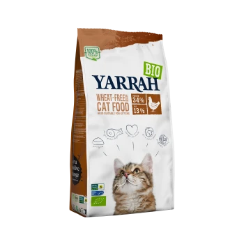 Yarrah Bio Weizenfreies Katzenfutter in einer Tüte mit dem Gesicht einer Katze, mit 34% Protein und 13% Fett, gekennzeichnet als geeignet für Kätzchen.