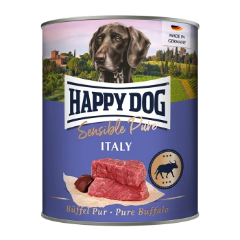 Dosen-Hundefutter mit der Aufschrift "Happy Dog Sensible Pure Italy," mit einem braunen Hund, rohem Fleisch und einer malerischen italienischen Kulisse.