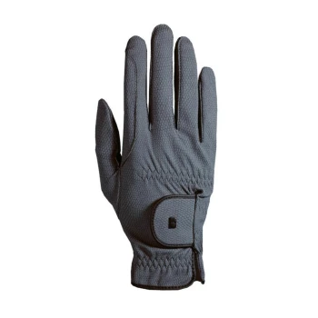Graue Haustierpflegehandschuh mit einer strukturierten Oberfläche und verstellbarem Handgelenkband, vor einem weißen Hintergrund präsentiert.