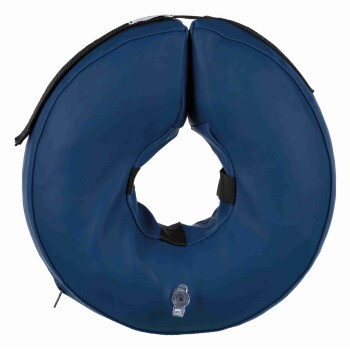 Blue inflatable pet recovery donut collar with central hole, black straps and inflation valve.