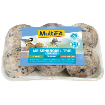MultiFit Meisenknödel-Trio Verpackung mit drei Fettbällchen ohne Netz, beschriftet mit 'mit Nuss', 'Original' und 'mit Insekten'.