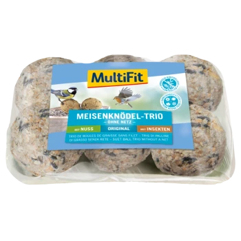 MultiFit Meisenknödel-Trio packaging featuring three suet balls without netting, labeled with "mit Nuss," "Original," and "mit Insekten."