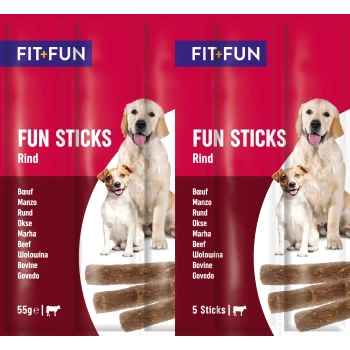 Fit+Fun Fun Sticks for dogs, beef flavor, 55g package, featuring images of two dogs and five treat sticks.