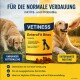 Gelbe VETINESS EnteroFit Bites-Tasche, Kroketten und zwei Golden Retriever; sichtbarer Text ‚Für die normale Verdauung‘.