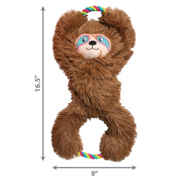 Braunes Plüsch-Faultier-Hundespielzeug mit Regenbogen-Seilgriffen, angegeben mit 16,5 Zoll hoch und 9 Zoll breit.