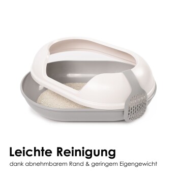 Katzenstreu-Box mit abnehmbarem Deckel, mit hellfarbiger Streu innen und einer Schaufel, beschriftet mit "Leichte Reinigung" auf Deutsch.