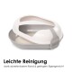 Katzenstreu-Box mit abnehmbarem Deckel, mit hellfarbiger Streu innen und einer Schaufel, beschriftet mit "Leichte Reinigung" auf Deutsch.
