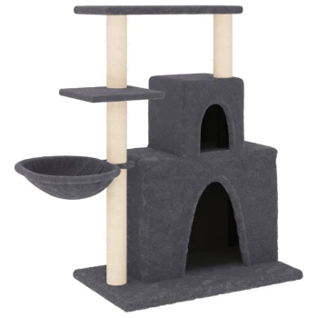 Grauer Katzenbaum mit mehreren Ebenen, einer gemütlichen Hängematte und zwei geschlossenen Räumen zum Verstecken oder Ausruhen.