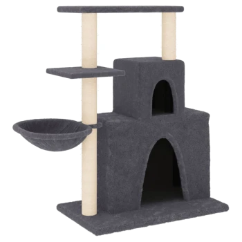Grauer Katzenbaum mit mehreren Ebenen, einer gemütlichen Hängematte und zwei geschlossenen Räumen zum Verstecken oder Ausruhen.
