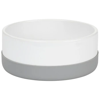 White pet food bowl with a gray base, featuring a smooth, modern design and a wide opening.