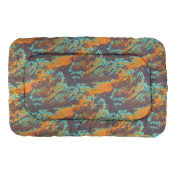 Bunte Haustierbett mit einem abstrakten Muster aus Orange, Teal und Grau, mit einem gepolsterten Rand für Komfort.