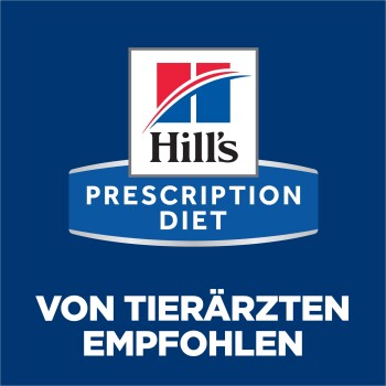 Hill's Prescription Diet-Logo mit blauem Abzeichen 'PRESCRIPTION DIET' und dem Text 'VON TIERÄRZTEN EMPFOHLEN'.