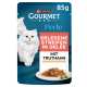 Purina Gourmet Perle 85 g Katzenfutterbeutel mit weißer langhaariger Katze und Putenstreifen in Gelee; Text: 'Erlesene Streifen in Gelee', 'Mit Truthahn'.