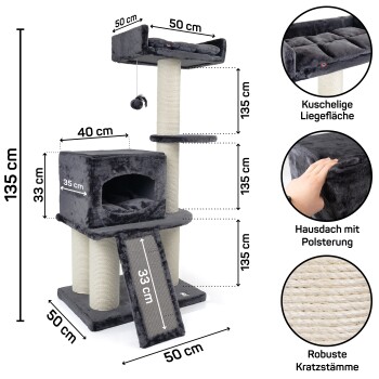 Katzenbaum mit den Abmessungen 135 cm Höhe, 50 cm Breite, mit einer gemütlichen oberen Plattform, einem Versteck, Kratzpfosten und einer Rampe.