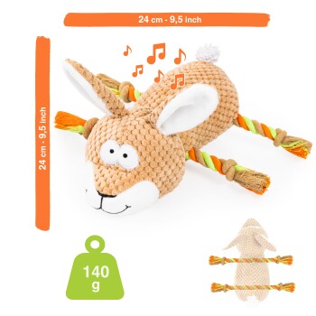 Gestopftes Kaninchen-Hundespielzeug, 24 cm lang, mit musikalischer Funktion und bunten Seilbeinen; wiegt 140 g.