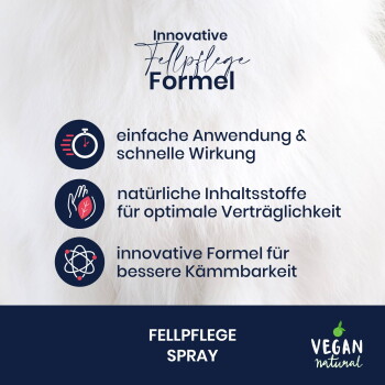 Ein Pudel wird auf einem Handtuch neben Pawlies Fur Care Spray gepflegt, beschriftet mit "100% natürliche Inhaltsstoffe" und "Stressfreies Kämmen."