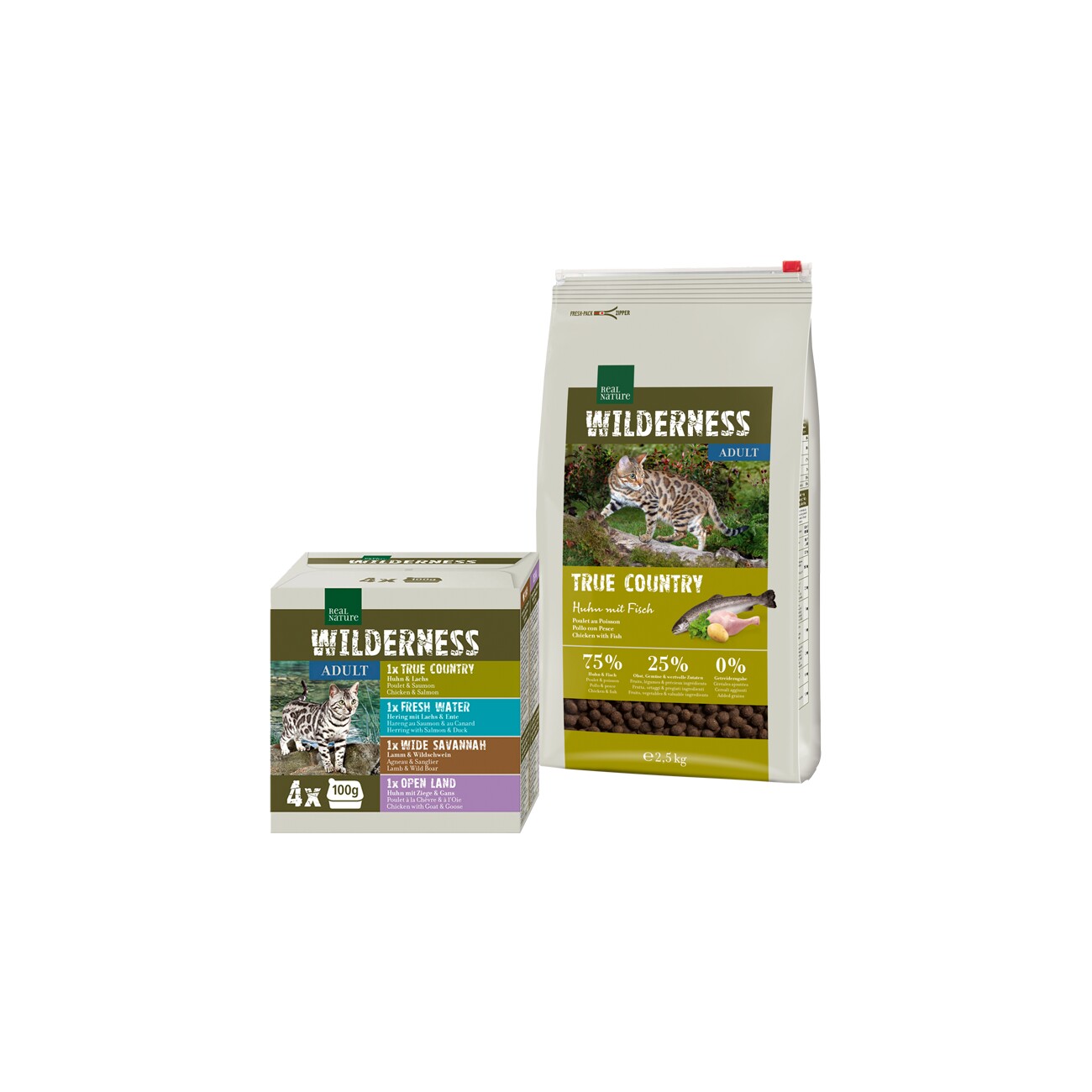 Germany product data sample: REAL NATURE WILDERNESS Mischfütterungs-Set Adult True Country 2,5kg + 4x100g Multipack