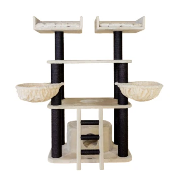 Katzenbaum mit zwei erhöhten Plattformen, zwei gemütlichen Hängematten und Kratzpfosten, entworfen für Spiel und Entspannung von Katzen.