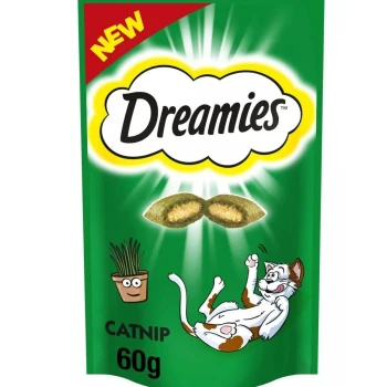 Green packaging for Dreamies catnip treats, featuring a playful cat illustration, a potted plant, and "NEW" in red. 60g.
