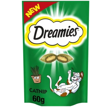 Green packaging for Dreamies catnip treats, featuring a playful cat illustration, a potted plant, and "NEW" in red. 60g.