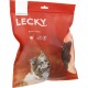 Eine rote Verpackung für Hundeleckerlis mit der Aufschrift 'LECKY Natura Tripps', die einen lächelnden Hund und Icons zeigt, die 100% natürlich und fettarm anzeigen.