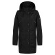 Schwarze wasserdichte Parkajacke mit Kapuze, mit Reißverschlusstaschen und Knopfverschlüssen, auf einem weißen Hintergrund präsentiert.