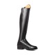 Hoher schwarzer Reitstiefel mit schlankem Design, mit einer Schnürung vorne und einer glatten Lederoberfläche.