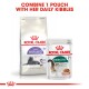 Two Royal Canin cat food products: Regular Sterilised 7+ dry food and 85g Instinctive 7+ wet food with "COMBINE 1 POUCH WITH HER DAILY KIBBLES."