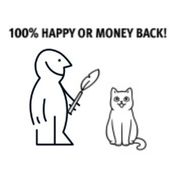 Eine Cartoonfigur, die einen Speer hält, steht neben einer glücklichen Katze, mit dem Text "100% HAPPY OR MONEY BACK!" über ihnen.
