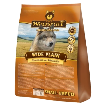 Premium Hundefutterbeutel mit der Aufschrift "WOLFSBLUT WIDE PLAIN" mit Pferdefleisch und Süßkartoffel, entworfen für kleine Rassen.